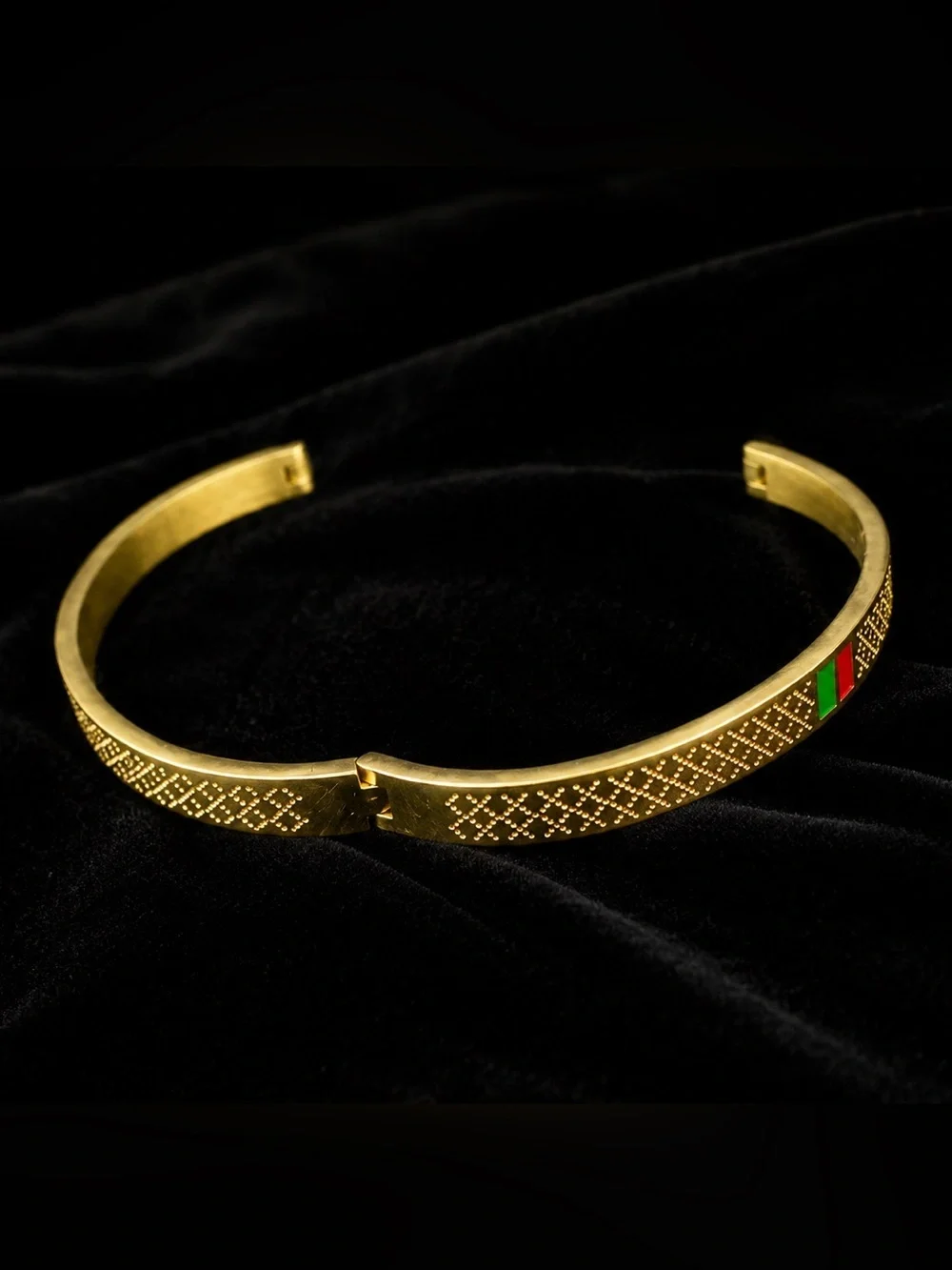18K Gold Luxury Bangle with Green and Red Accents